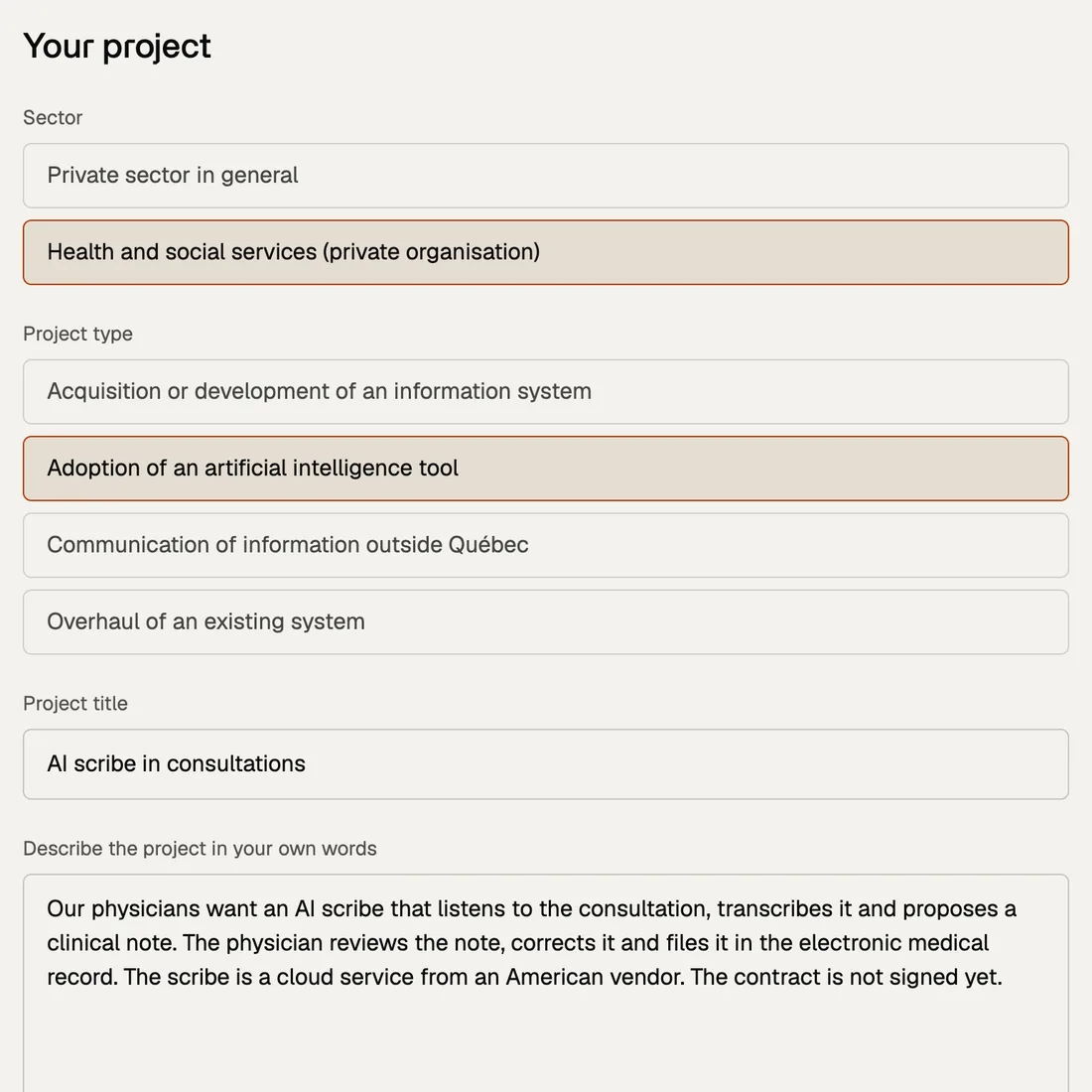 Project description screen in the assessment file