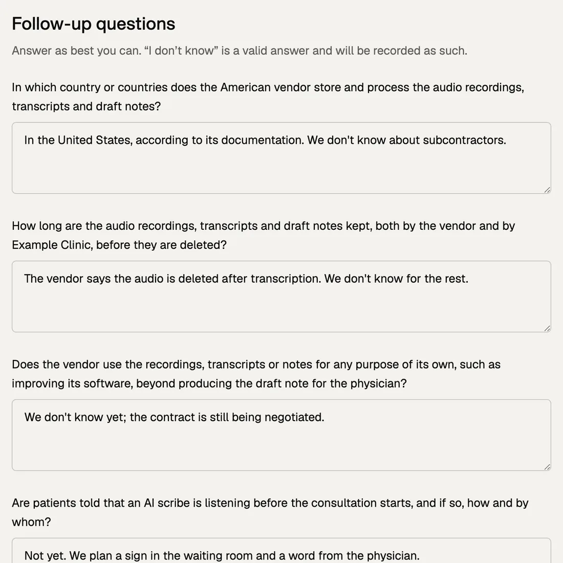 Follow-up questions screen, with the organisation’s answers