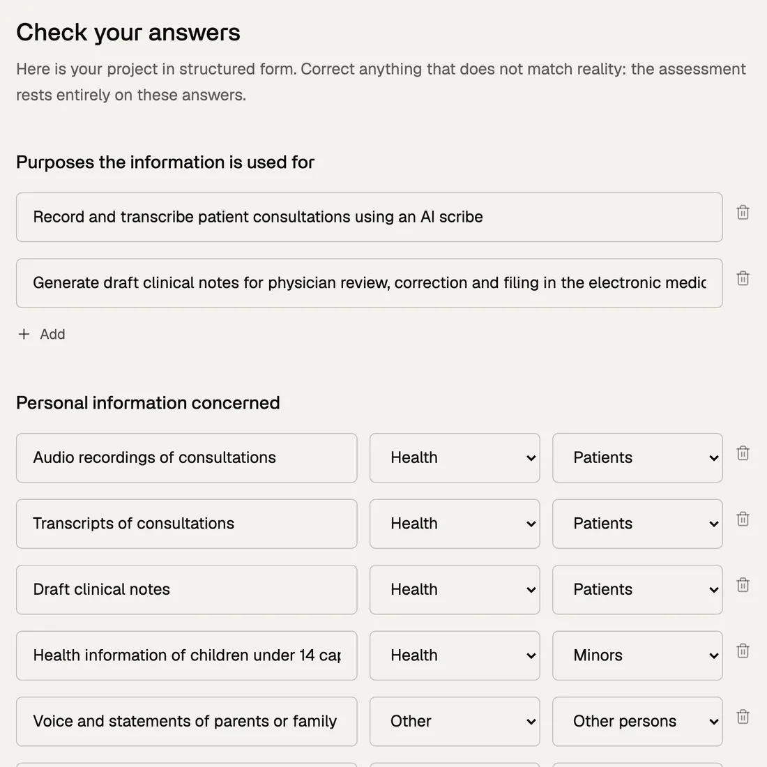 Review screen for the structured answers