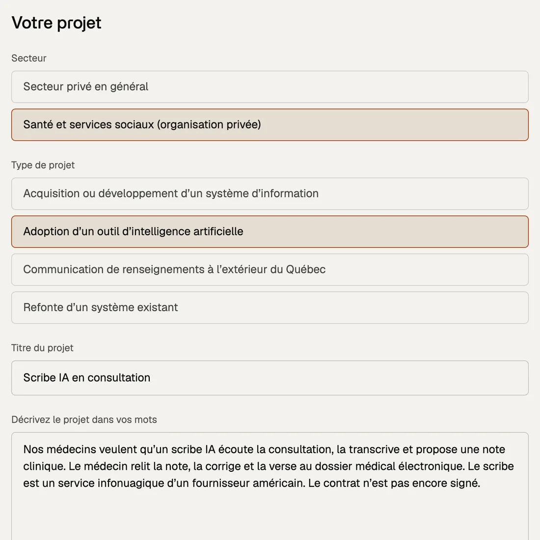 Écran de description du projet dans le dossier EFVP