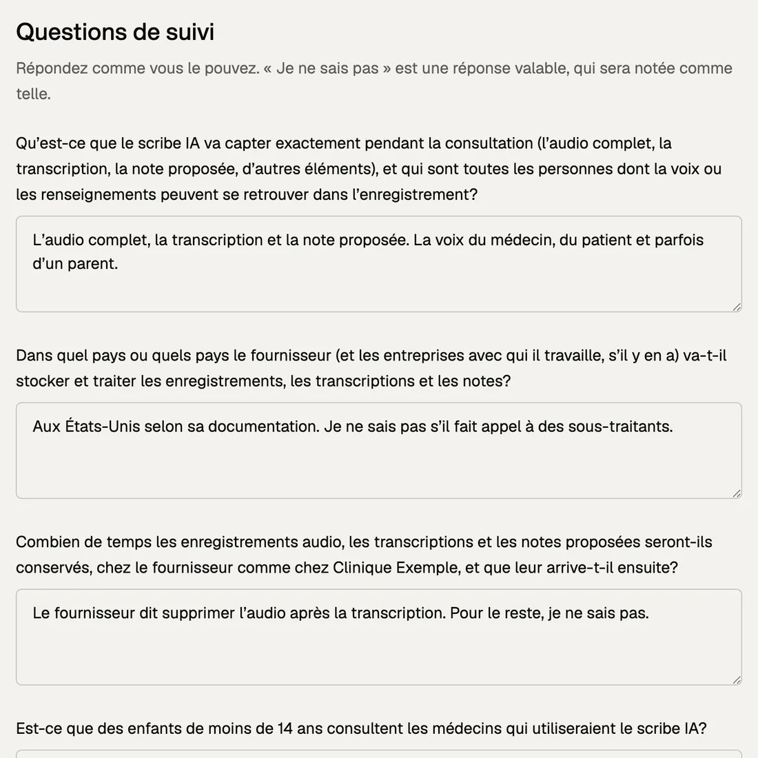 Écran des questions de suivi, avec les réponses de l’organisation