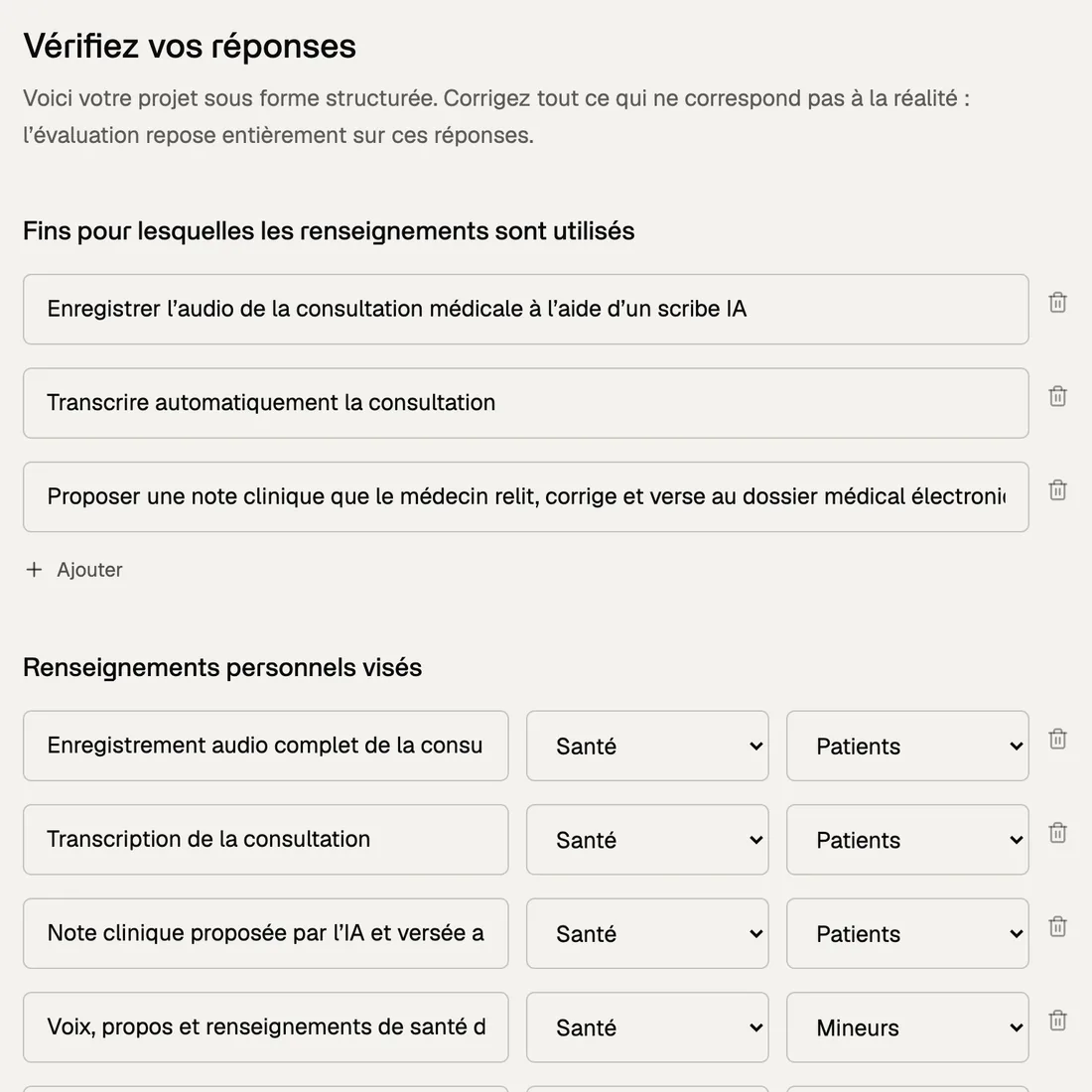 Écran de vérification des réponses structurées