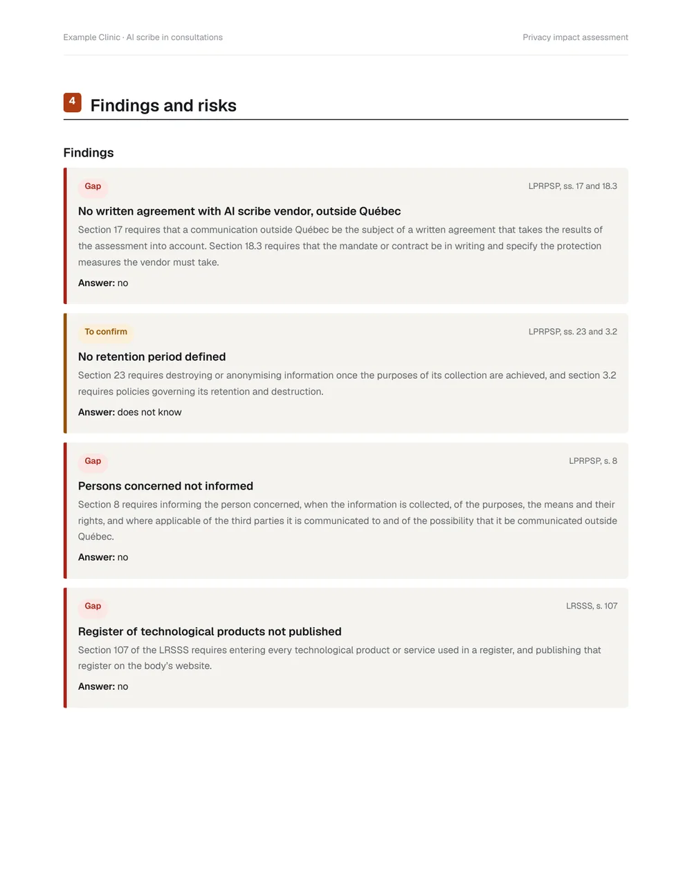 Findings page, each with its status, the section cited and the answer